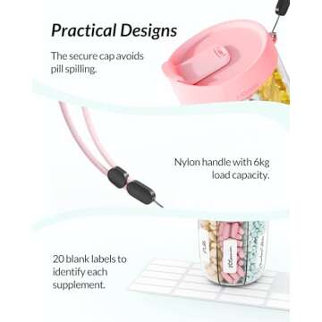 ZIKEE Large Pill Bottle Organizer with Anti-Mixing & Wide Openings Design, Pill Dispenser Holds Monthly Vitamins, Travel-Friendly Supplement Organizer Easy to Fill & Retrieve with a Handle, 20 Labels