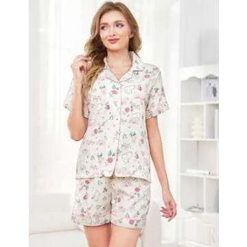 Arssm Floral Pajama Set Women Cute Kawaii 2 Piece Matching Pj Set Aesthetic Short Sleeve Sleeping Loungewear(Bunny-M)