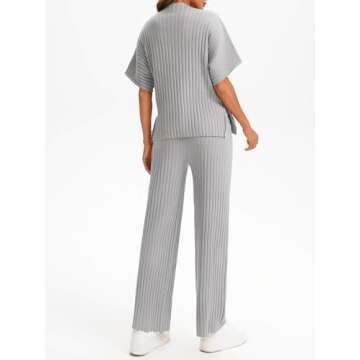 Tankaneo Womens Sweater Sets 2 Piece Outfits Knit Mock Neck Tops and Elastic Waist Pants Sets Casual Loungewear Set Light Grey