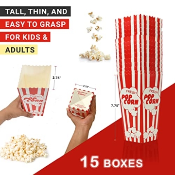 15 Movie Night Popcorn Paper Boxes Buckets 7.75 Inches Tall Large & Holds 46 Oz Old Fashion Vintage Retro Party Design Red & White Colored Nostalgic Carnival Stripes Bags & Tubs various qty avail