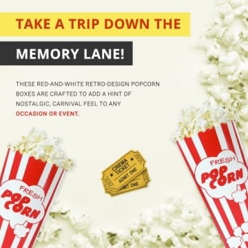 15 Movie Night Popcorn Paper Boxes Buckets 7.75 Inches Tall Large & Holds 46 Oz Old Fashion Vintage Retro Party Design Red & White Colored Nostalgic Carnival Stripes Bags & Tubs various qty avail