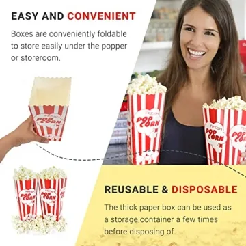 15 Movie Night Popcorn Paper Boxes Buckets 7.75 Inches Tall Large & Holds 46 Oz Old Fashion Vintage Retro Party Design Red & White Colored Nostalgic Carnival Stripes Bags & Tubs various qty avail