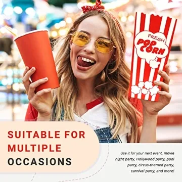 15 Movie Night Popcorn Paper Boxes Buckets 7.75 Inches Tall Large & Holds 46 Oz Old Fashion Vintage Retro Party Design Red & White Colored Nostalgic Carnival Stripes Bags & Tubs various qty avail