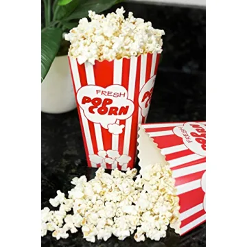 15 Movie Night Popcorn Paper Boxes Buckets 7.75 Inches Tall Large & Holds 46 Oz Old Fashion Vintage Retro Party Design Red & White Colored Nostalgic Carnival Stripes Bags & Tubs various qty avail