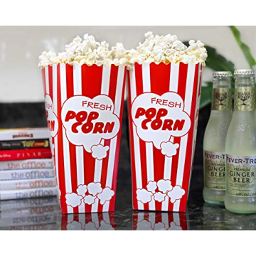 15 Movie Night Popcorn Paper Boxes Buckets 7.75 Inches Tall Large & Holds 46 Oz Old Fashion Vintage Retro Party Design Red & White Colored Nostalgic Carnival Stripes Bags & Tubs various qty avail