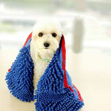 Dry Ultra Absorbent Microfiber Chenille Shammy Dog Towel with Hand Pockets Blue One Size 31 x 13 inch