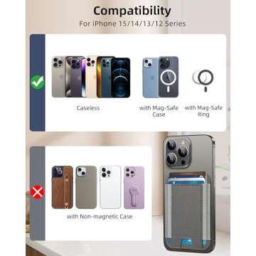 HiWe for MagSafe Wallet, Strongest Magnetic Wallet for iPhone 16/15/14/13/12 Series, 7 Cards Holder, Magnetic Phone Wallet, Leather Minimalist Slim RFID Wallet, 1 Slot, Grey