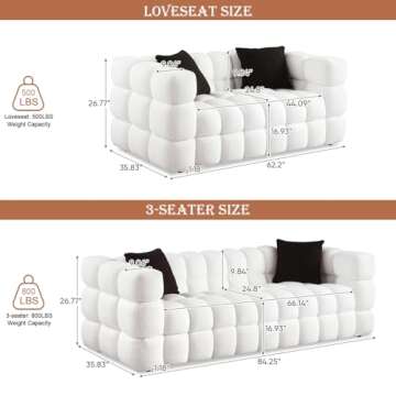 62.2" Modern Loveseat Sofa Couch, Comfy Upholstered Living Room Sofa with 2 Pillows, Comfy Boucle Sofa with Solid Metal Legs, Contemporary Furniture Tufted Cloud Couch for Waiting Room, Office, White