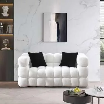 62.2" Modern Loveseat Sofa Couch, Comfy Upholstered Living Room Sofa with 2 Pillows, Comfy Boucle Sofa with Solid Metal Legs, Contemporary Furniture Tufted Cloud Couch for Waiting Room, Office, White