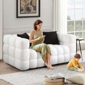 62.2" Modern Loveseat Sofa Couch, Comfy Upholstered Living Room Sofa with 2 Pillows, Comfy Boucle Sofa with Solid Metal Legs, Contemporary Furniture Tufted Cloud Couch for Waiting Room, Office, White