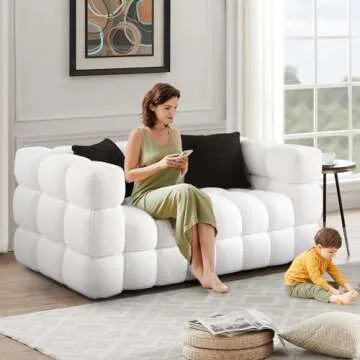 62.2" Modern Loveseat Sofa Couch, Comfy Upholstered Living Room Sofa with 2 Pillows, Comfy Boucle Sofa with Solid Metal Legs, Contemporary Furniture Tufted Cloud Couch for Waiting Room, Office, White