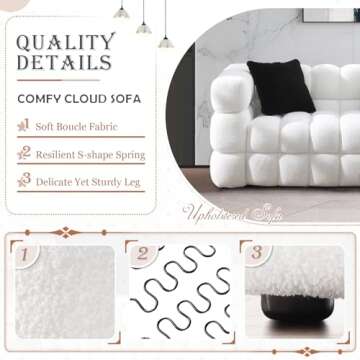 62.2" Modern Loveseat Sofa Couch, Comfy Upholstered Living Room Sofa with 2 Pillows, Comfy Boucle Sofa with Solid Metal Legs, Contemporary Furniture Tufted Cloud Couch for Waiting Room, Office, White
