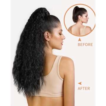 AISI BEAUTY Long Curly Drawstring Ponytail for Women 22 inch Clip in Wavy Natural Ponytail Extension for Womens(1B)