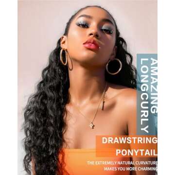 AISI BEAUTY Long Curly Drawstring Ponytail for Women 22 inch Clip in Wavy Natural Ponytail Extension for Womens(1B)