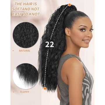 AISI BEAUTY Long Curly Drawstring Ponytail for Women 22 inch Clip in Wavy Natural Ponytail Extension for Womens(1B)