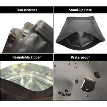 Chamigon 50 Pack Matte Black Stand Up Bags – 5 Mil 7x10 Inches Smell Proof Resealable Bags, Heat S...