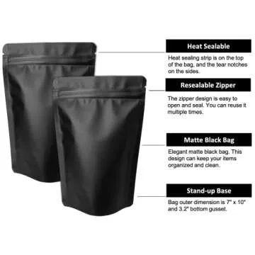 Chamigon 50 Pack Matte Black Stand Up Bags – 5 Mil 7x10 Inches Smell Proof Resealable Bags, Heat Sealable Plastic Foil Packaging Pouch Bag, Large Food Storage Pouches