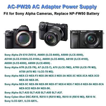 TKDY AC-PW20 Power Adapter NP-FW50 Dummy Battery for Sony ZV-E10 Dummy Battery for Sony Alpha ZV-E10 ZVE10 A6400 A6000 A6100 A5100 A7 A7II Cameras Continuous Power Supply.