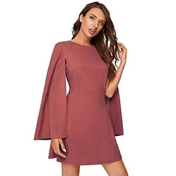 SheIn Women's Elegant Cloak Sleeve Mini Cape Dress Plain with Pocket Pink Medium