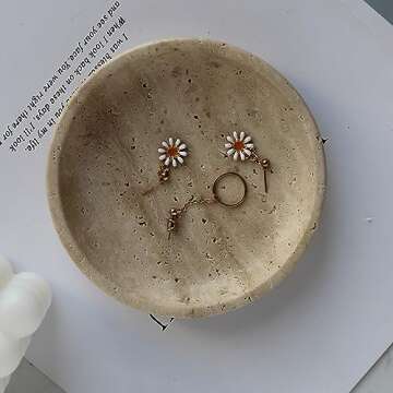 Natural Marble Travertine Jewelry Dish 5.5", Trinket Dish for Ring Earring, Gift for Woman Daugther (Beige Travertine)