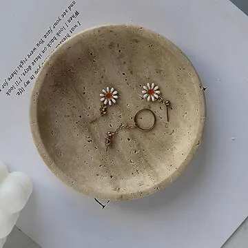 Natural Marble Travertine Jewelry Dish 5.5", Trinket Dish for Ring Earring, Gift for Woman Daugther (Beige Travertine)