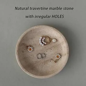 Natural Marble Travertine Jewelry Dish 5.5", Trinket Dish for Ring Earring, Gift for Woman Daugther (Beige Travertine)