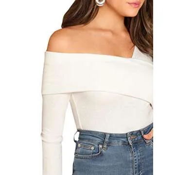 ROMWE Women's Slim Cross Wrap Asymmetrical Neck Solid Ribbed Knit Tee Shirt Blouse White Medium