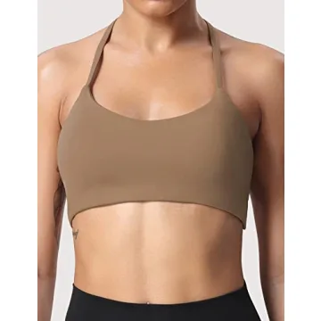 YEOREO Women's Sports Bra Halter Workout Sports Bra Strappy Criss Cross Back Bra Removable Padded Yoga Crop Top Brown S