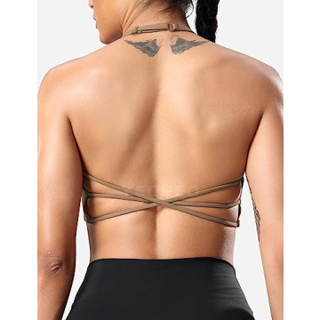 YEOREO Women's Sports Bra Halter Workout Sports Bra Strappy Criss Cross Back Bra Removable Padded Yoga Crop Top Brown S