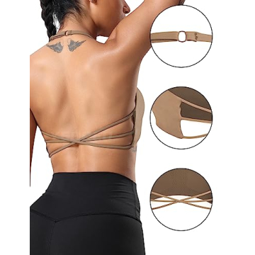 YEOREO Women's Sports Bra Halter Workout Sports Bra Strappy Criss Cross Back Bra Removable Padded Yoga Crop Top Brown S