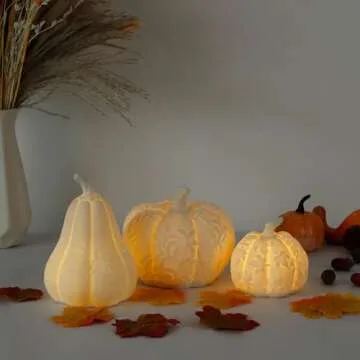 Blivergowell Set of 3 Large Ceramic Pumpkin with Light, Thanksgiving Table Decorations Decorative White Pumpkins Fall Centerpiece Table Decorations for Home