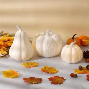 Blivergowell Set of 3 Large Ceramic Pumpkin with Light, Thanksgiving Table Decorations Decorative White Pumpkins Fall Centerpiece Table Decorations for Home