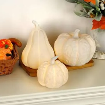 Blivergowell Set of 3 Large Ceramic Pumpkin with Light, Thanksgiving Table Decorations Decorative White Pumpkins Fall Centerpiece Table Decorations for Home