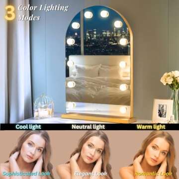 LUXFURNI Hollywood Mirror with Lights Makeup Mirror for Bedroom, Large Vanity Lighted up Mirror with 12 Dimmable Bulbs Smart Touch Control 3 Color Lighting Modes(Gold)
