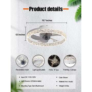 QUMFIXPU Low Profile Ceiling Fan with Light, 19.7" Flush Mount Ceiling Fan with Lights Remote Contro...