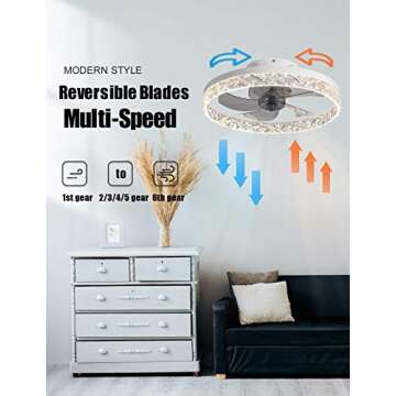 QUMFIXPU Low Profile Ceiling Fan with Light, 19.7" Flush Mount Ceiling Fan with Lights Remote Control, Timing and Dimmable LED Ceiling Fan, 6 Wind Speed 5 Reversible Hidden Blades (White)