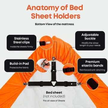 5 STARS UNITED Bed Sheet Straps Set | Easy to Use Adjustable Elastic Fasteners with Metal Clips | Sheet Holders for Corners | Fitted Sheet Clips to Hold Sheets in Place | (4 Pcs Black)