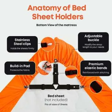 5 STARS UNITED Bed Sheet Straps Set | Easy to Use Adjustable Elastic Fasteners with Metal Clips | Sheet Holders for Corners | Fitted Sheet Clips to Hold Sheets in Place | (4 Pcs Black)