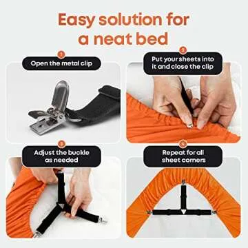 5 STARS UNITED Bed Sheet Straps Set | Easy to Use Adjustable Elastic Fasteners with Metal Clips | Sheet Holders for Corners | Fitted Sheet Clips to Hold Sheets in Place | (4 Pcs Black)