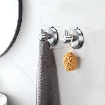DGYB Suction Cup Hooks for Shower Set of 2 Brushed Nickel Towel Hooks for Bathrooms SUS 304 Stainles...
