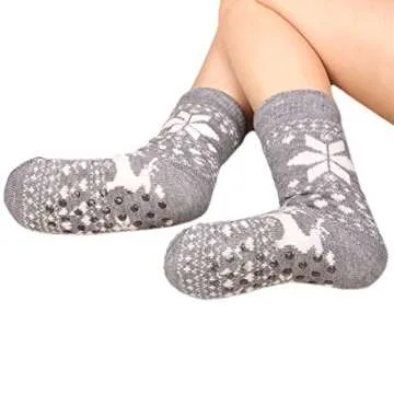 FRALOSHA Fuzzy Warm Slipper Socks Women Winter floor Socks Super Soft lined with Grippers reading Socks Cozy Sleeping Reindeer Socks (Grey)