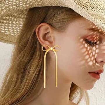 Gold Bow Earrings Gold Bow Dangle Earrings for Women Gold Bow Jewelry Long Gold Drop Earrings Bow Ti...