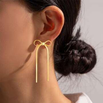 Gold Bow Earrings Gold Bow Dangle Earrings for Women Gold Bow Jewelry Long Gold Drop Earrings Bow Tie Earrings Bowknot Earrings Gold Bow Earrings Dangle