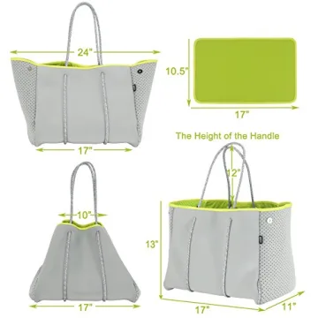 QOGiR Neoprene Multipurpose Beach Bag Tote with Inner Zipper Pocket (Light Grey, Large)