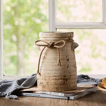 SIDUCAL Ceramic Decorative Flower Vase, 8 Inch Rustic Distressed Pottery Decorative Flower Vase for ...