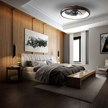 CIKASS Ceiling Fan with Lights Dimmable LED Reversible Blades Timing with Remote Control, 5 Invisible Blades Semi Flush Mount Low Profile Fan (21.5in, Brown)