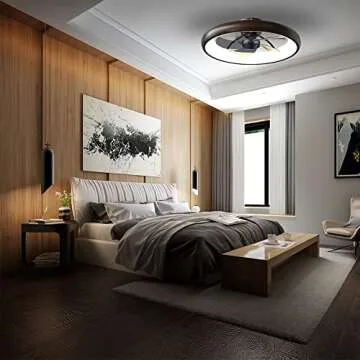 CIKASS Ceiling Fan with Lights Dimmable LED Reversible Blades Timing with Remote Control, 5 Invisible Blades Semi Flush Mount Low Profile Fan (21.5in, Brown)