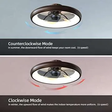 CIKASS Ceiling Fan with Lights Dimmable LED Reversible Blades Timing with Remote Control, 5 Invisible Blades Semi Flush Mount Low Profile Fan (21.5in, Brown)