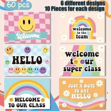 LieToi 60Pcs Welcome Postcards Back to School Supplies - 4 x 6 Inch Welcome to Our Class Blank Hello Greeting Cards Groovy Hippie Boho Daisy Smile Post Cards Gift Student Teacher Preschool Supplies