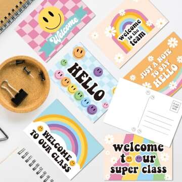 LieToi 60Pcs Welcome Postcards Back to School Supplies - 4 x 6 Inch Welcome to Our Class Blank Hello Greeting Cards Groovy Hippie Boho Daisy Smile Post Cards Gift Student Teacher Preschool Supplies